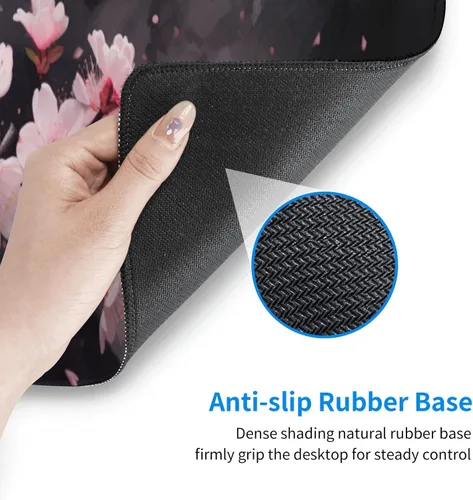 Vista 7 de Alfombrilla de mouse para juegos con diseño de flores y cerezas, base de goma antideslizante, alfombrilla de mouse extendida con bordes cosidos