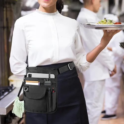 Vista 8 de Rexmica Delantal de Camarera y Servidor con Múltiples Bolsillos, Bolsa de Cintura Ajustable para Servidor, Delantal de Cintura para Camarera