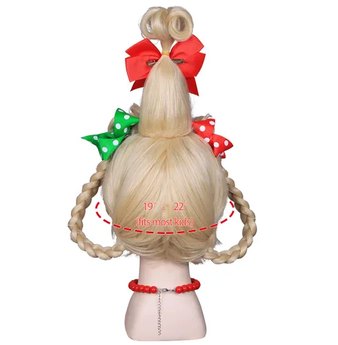 Vista 7 de FantaLook Peluca larga trenzada para niños, para Navidad, cosplay, con collar de cuentas rojas y lazos de lunares rojos y verdes para niños, disfraz