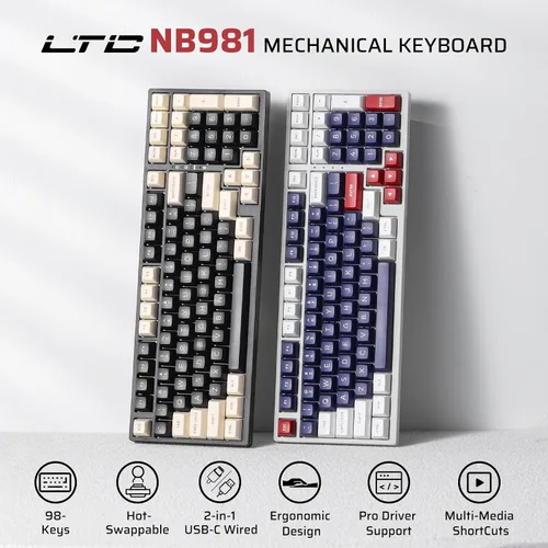 Vista 2 de LTC NB981 Nimbleback - Teclado mecánico con cable de 98 teclas, 96% teclado para juegos con retroiluminación blanca, interruptor rojo, azul Mecha
