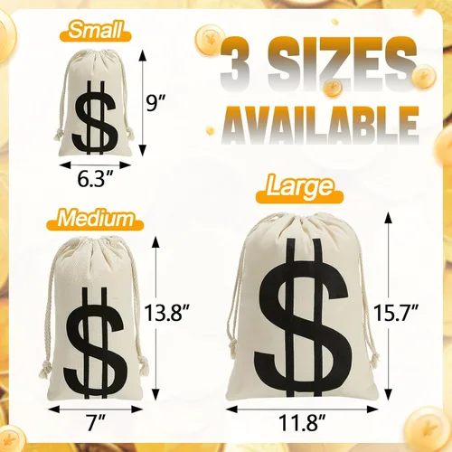 Vista 4 de 4 bolsas de dinero de lona de 6.3 x 9 pulgadas, bolsa de dinero de Halloween con letrero de dólar, sacos de dinero para disfraz de ladrón de bancos