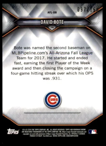 Vista 2 de David Bote Rookie Card 2018 Bowman Chrome '17 AFL Fall Stars Atomic Refractors #AFLDB
