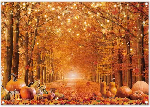 Vista 2 de Fondo de fotografía de otoño de 7 x 5 pies, hojas de arce de otoño, calabaza, fondo para dar amigos, suministros de fiesta de Acción de Gracias