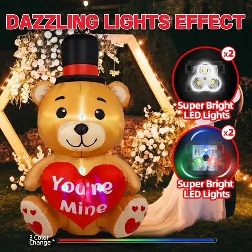 Vista 2 de B&D Oso inflable para el día de San Valentín de 4 pies con corazón de amor, decoraciones de patio inflables con luces LED RGB integradas, decoración