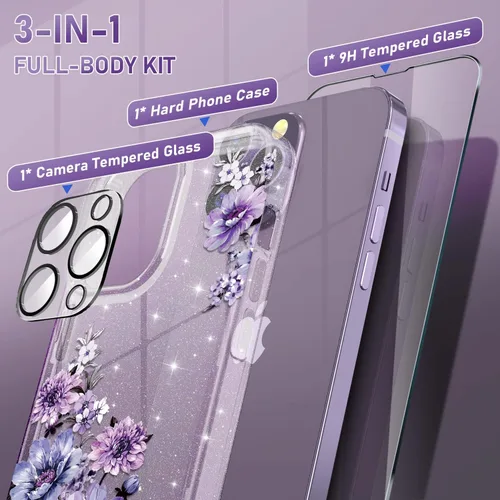 Vista 3 de OKP Funda 3 en 1 para iPhone 14 Pro Max, con protector de pantalla/protector de lente de cámara, bonito patrón floral, transparente, brillante
