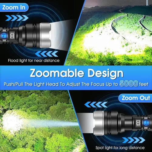 Vista 3 de Linterna con 10000 lúmenes, carga rápida tipo C y tiempo de funcionamiento de 16 horas, 3 modos, zoom telescópico, impermeable, linterna de mano