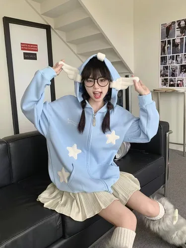 Vista 3 de grhaat Kawaii Angel Wings Star Sudadera con capucha Y2k Anime japonés cremallera Harajuku Casual Sudadera Cutecore Diseñador Streetwear