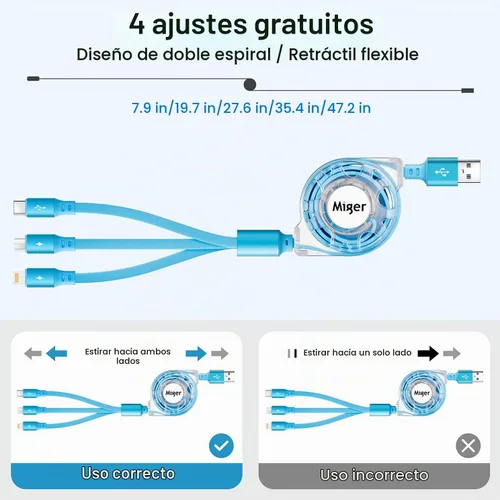Vista 5 de Cable USB C de carga rápida múltiple 4A [2 unidades/4 pies] cargador múltiple retráctil USB A a tipo C/Lightning/Micro USB 3 en 1 cable USB