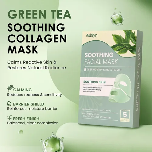 Vista 2 de Ashlyn Mascarilla facial de colágeno calmante de té verde, mascarilla hidratante nocturna con ácido hialurónico y colágeno para pieles sensibles
