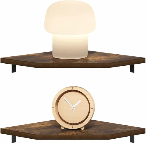 Vista 4 de Furinno Rossi - Estantes flotantes hexagonales para pared, juego de 2 estantes geométricos de esquina, estantes montados en la pared para baño, Pino