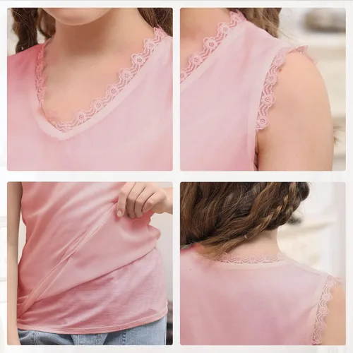 Vista 5 de Blusas de gasa de encaje de manga corta para niñas, sueltas, suaves, lindas, casuales, con cuello en V