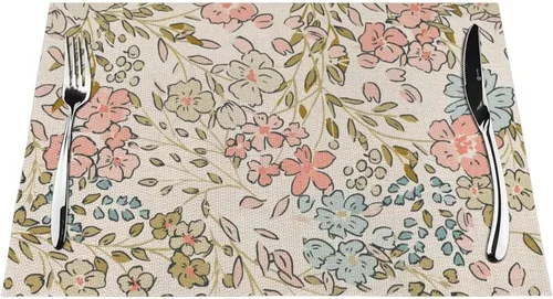 Vista 2 de Juego de 4 manteles individuales florales de 12 x 18 pulgadas, diseño de flores silvestres, acuarela, lavables, manteles decorativos de tela de lino