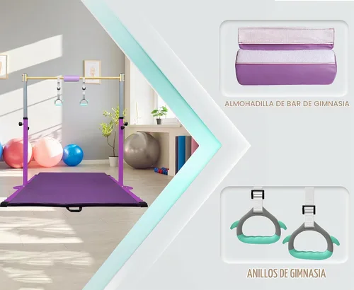 Vista 4 de Adjustable Gymnastics Bar for Kids with Mat - Sturdy Kip Bar with Rings, Horizontal Bar for Home Training, 3'-5' Height, Ages 3-15, 250 LBS Púrpura