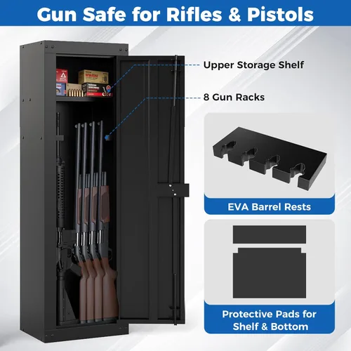 Vista 3 de Caja fuerte para 8 armas, gabinete de seguridad para rifles y pistolas del hogar, gabinete de pistola de acceso rápido con estante de almacenamiento