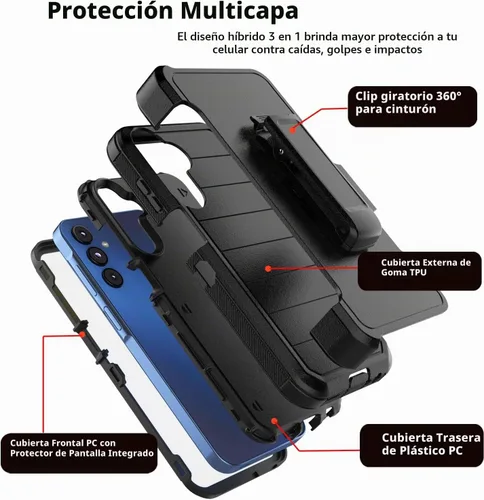 Vista 2 de Funda para teléfono Galaxy A15 5G, para Samsung A15 5G con clip para cinturón con [protector de pantalla incorporado] protector de pie resistente a