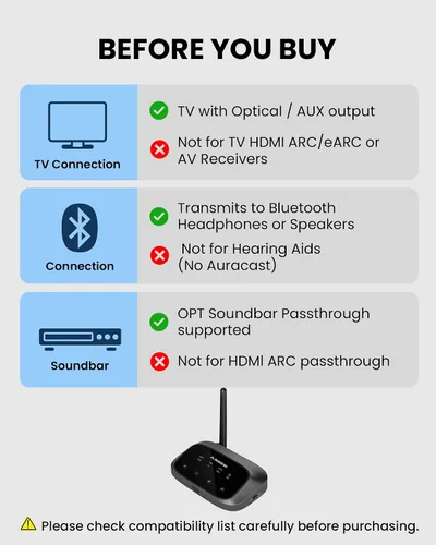 Vista 3 de Avantree Oasis Plus 2 - Transmisor Bluetooth para TV con control remoto de volumen, admite dos auriculares, aptX adaptable, barra de sonido