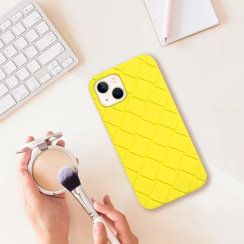 Vista 3 de bicol Funda para iPhone 13 con bonito diseño de celosía de rejilla, protector de pantalla de cristal, ajuste delgado, suave, a prueba de golpes Limón