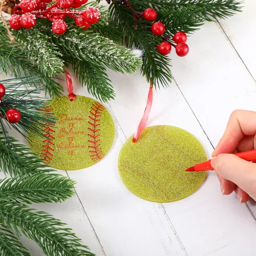 Vista 5 de Roowest 12 adornos para árbol de Navidad de sóftbol 2024, personalizados, redondos, brillantes, acrílico, para colgar en el árbol de Navidad, regalo