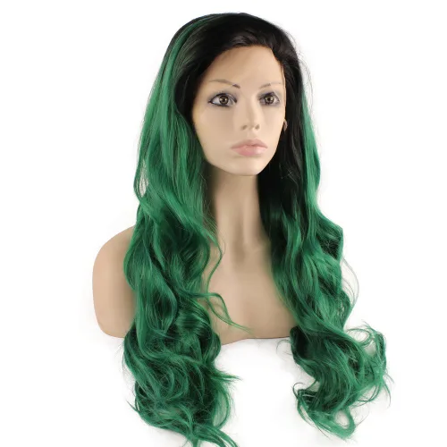 Vista 2 de Mxangel Peluca larga ondulada con encaje frontal sintético negro verde degradado para fiesta de cosplay