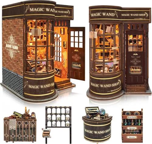 Vista 14 de BELEEV Kit de rincón de libros – Librero de madera en miniatura con luces LED, puerta que se puede abrir, rompecabezas 3D, decoración de estantería