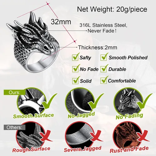 Vista 4 de FaithHeart Anillos de dragón punk para hombres y mujeres, acero inoxidablechapado en oro de 18 quilates, joyería de mitología nórdica con delicado
