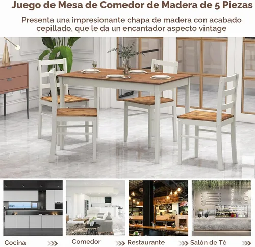 Vista 6 de Giantex Juego de comedor de 5 piezas para 4, mesa rectangular de madera maciza y 4 sillas con patas de madera de goma, juego de mesa de cocina