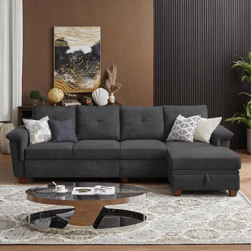 Vista 9 de Sofá Seccional Convertible con Almacenamiento, Sofá en Forma de L de 4 Asientos con Chaise y Portavasos, Sofás Modernos de Tela de Microfibra