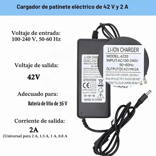 Vista 3 de Cargador eléctrico de scooter de 42 V 2 A para baterías de litio de 36 V, cable de carga con 4 enchufes, compatible con adaptador de corriente