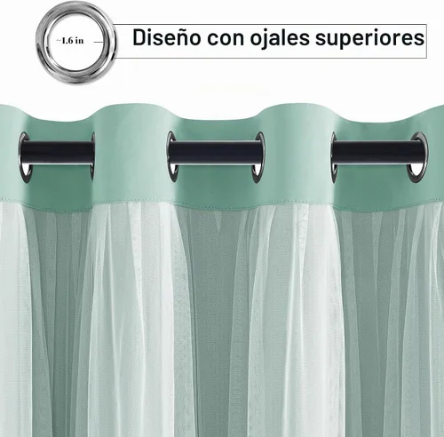 Vista 2 de Hiasan Cortinas opacas con superposición transparente, con ojales, aislamiento térmico, para mezclar y combinar, cortinas de ventana de doble capa