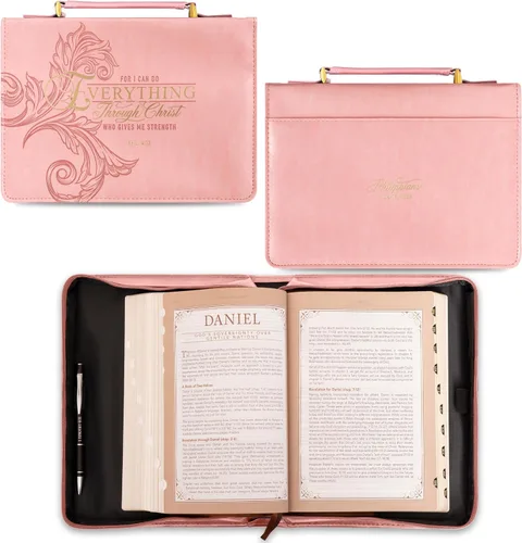 Vista 2 de Christian Art Gifts Funda de piel sintética para mujer, diseño floral rosa y dorado para mujer: Todo a través de Cristo - Fil. 4:13 Escritura