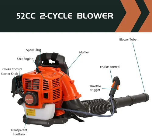 Vista 5 de Soplador de hojas de mochila, motor de 2 ciclos 550CFM, soplador de hojas de volumen de aire, soplador de hojas a gas de 52 cc, soplador de nieve