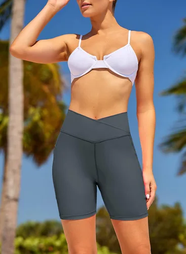 Vista 2 de Aleumdr Pantalones cortos de natación de 5 pulgadas para mujer, cintura alta, control de abdomen, pantalones cortos de natación con bolsillos UPF 50+