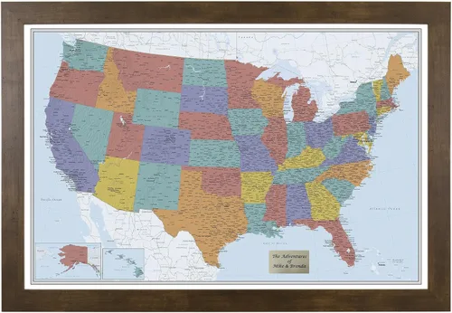Vista 54 de Push Pin Travel Maps Lienzo personalizado Blue Oceans USA con marco gris de madera de granero
