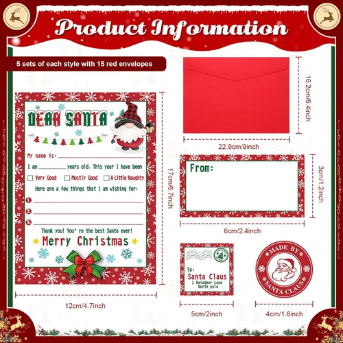 Vista 2 de 75 piezas de kit de escritura de cartas a Papá Noel, lista de deseos navideños, 15 cartas en blanco de Navidad para rellenar con sobres rojos