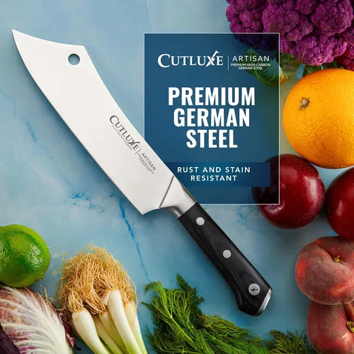 Vista 8 de Cutluxe Cuchillo Cleaver de Chef – Cuchillo de Carnicero Cleaver de Carne de 8" – Hoja de Acero Alemán, Espiga Completa, Diseño de Mango Ergonómico