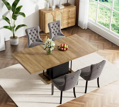 Vista 106 de Juego de mesa de comedor extensible marrón de 63 a 78.74 pulgadas para 4, juego de mesa de comedor de 5 piezas con 4 sillas, mesa de cocina