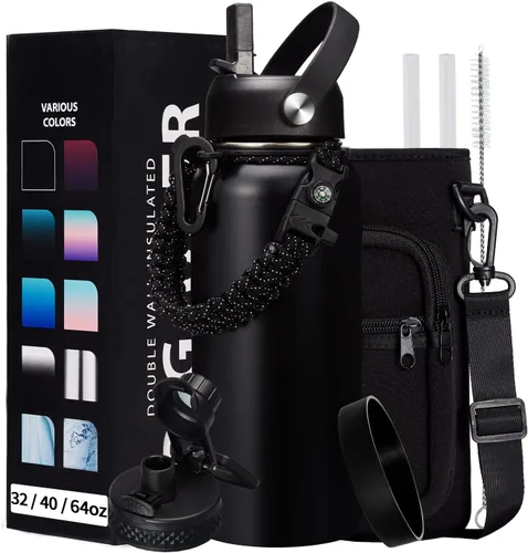 Vista 41 de Botella de agua aislada de 1 galón, con popote y tapa de pico automático, mango de paracord, funda para botella, botella de agua de acero inoxidable