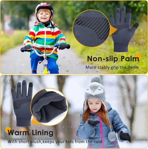 Vista 3 de AOTOW Winter Running Gloves for Kids - Kid Touch Screen Gloves Warm Thermal Mittens Anti-Slip Bike Soccer for Boys Girls - Gray