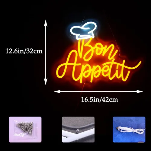 Vista 2 de Bon Appetit - Letrero LED con sombrero de chef, letras doradas, luces de neón para restaurante, estilo francés, neón regulable, LED, "16.5 x 12.6