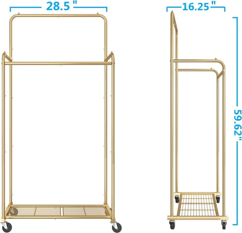 Vista 7 de Simple Trending - Perchero para ropa de doble varilla, estante resistente con ruedas para colgar ropa, con 4 ganchos, color dorado