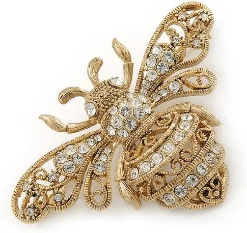 Vista 5 de Grande Bañado en Oro, vidrio Swarovski "Abeja broche de filigrana70mm ancho
