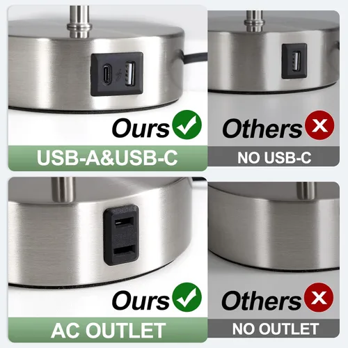 Vista 3 de Yarra-Decor Lámpara de noche mejorada con puertos de carga USB A+C y salida de CA, lámpara de mesa de control táctil para dormitorio, lámpara de Gris