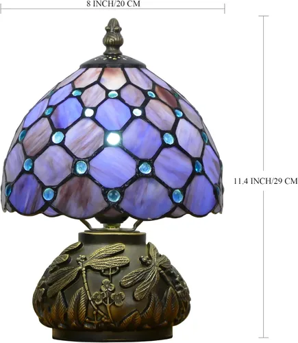 Vista 2 de Pequeña Lámpara Tiffany Mini Lámpara de Mesa de Vidrio Manchado Estilo Perla Púrpura Seta Lámpara de Acento 8X11 Pulgadas