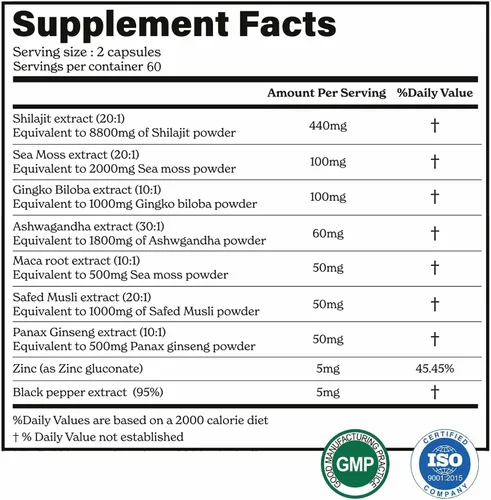 Vista 7 de Shilajit de 8800mg, Raíz de Maca, Ginkgo Biloba, Musgo Marino, Ashwagandha, Panax Ginseng, Safed Musli y Zinc Aumenta la Resistencia y Energía, 120