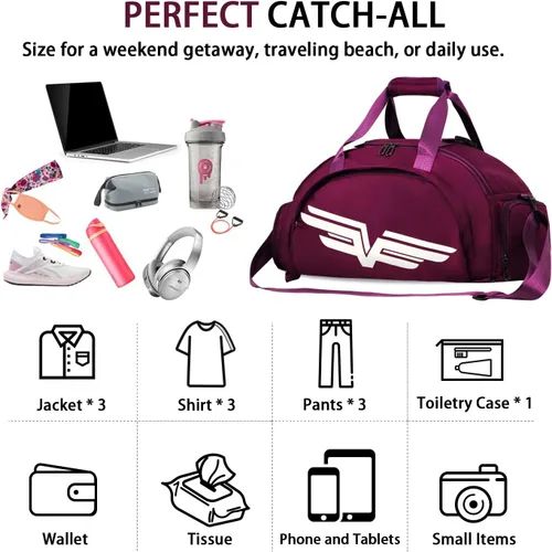 Vista 6 de FIORETTO Bolsa de deporte para hombre con bolsillo húmedo y compartimento para zapatos, ideal para viajes, gimnasio, deportes, natación, B-Morado