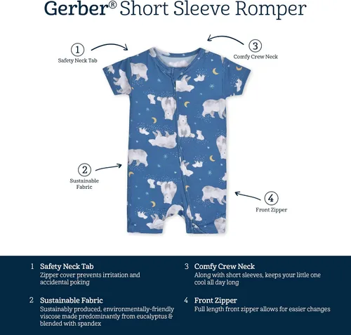 Vista 5 de Gerber Mameluco unisex de manga corta suave para bebé con viscosa fabricado con eucalipto
