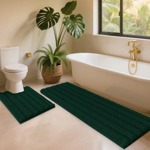 Vista 45 de ACCUMTEK - Juego de alfombras de baño a rayas beige de 3 piezas, ultrasuaves, antideslizantes de chenilla, alfombras de baño mullidas y absorbentes