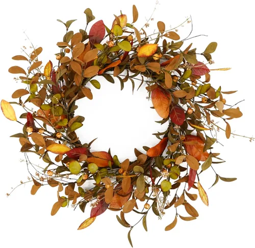 Vista 15 de YNYLCHMX - Corona de otoño de 20 pulgadas para puerta delantera, eucalipto y decoración de sorgo Hojas de eucalipto artificiales y sorgo