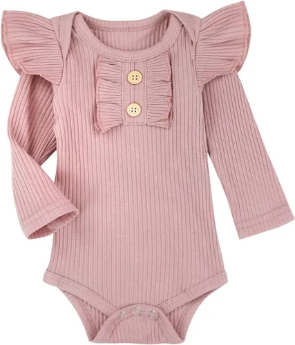 Vista 4 de KANGKANG Ropa de bebé recién nacida, mameluco acanalado con mangas con volantes + pantalones florales + diadema lindo traje de bebé niña 3 piezas