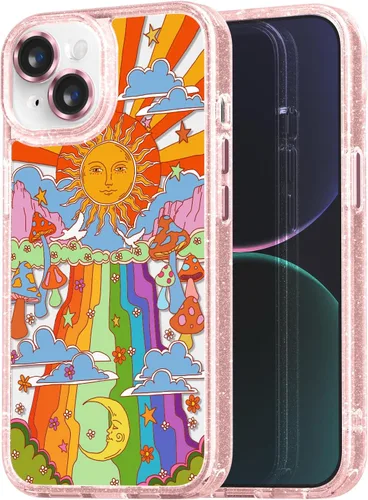 Vista 143 de Compatible para iPhone 13 Funda Bonita Estética - Funda para Teléfono Rosa con Purpurina con Protector de Cámara - Diseño de Cubierta